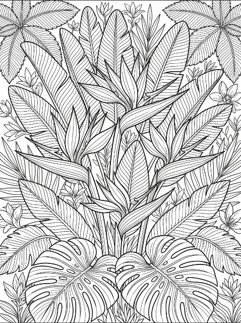 Dense tropical foliage surrounds pointed flowers, with long veined leaves, small blossoms, and large split leaves across the bottom.