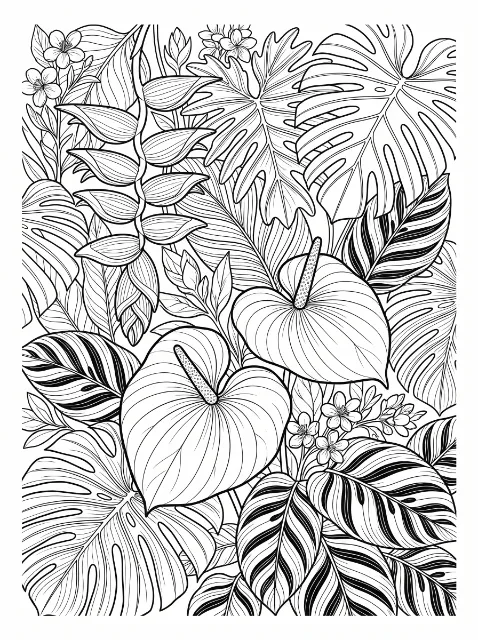 Dense tropical foliage surrounds two heart-shaped flowers, with split leaves, striped leaves, hanging pointed blooms, and small five-petaled blossoms.