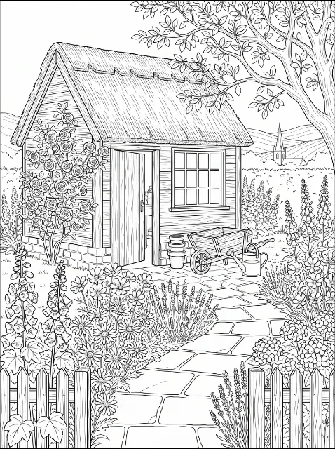A wooden garden shed surrounded by flowers, with a stone path, picket fences, wheelbarrow, watering can, stacked pots, and an overhanging tree.