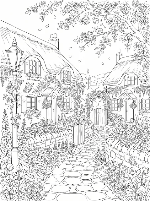 Two thatched cottages flank a stone lane bordered by flower gardens, low walls, wooden gates, a streetlamp, and butterflies beneath flowering branches.