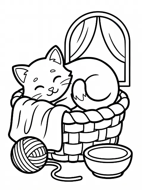 A kitten with closed eyes curls up in a basket with a draped blanket, beside a ball of yarn and a bowl, in front of a curtained window.