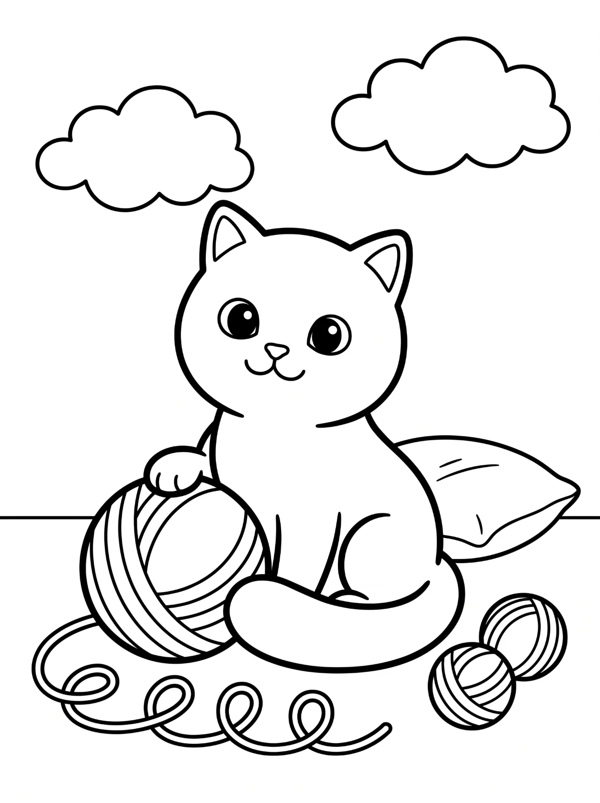 A smiling kitten rests a paw on a large yarn ball beside two smaller balls, with looping yarn in front, a pillow behind, and two clouds above.