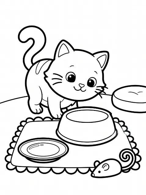A smiling kitten stands behind a bowl and saucer on a scalloped mat, with a curled-tail mouse in front and a round cushion to the side.