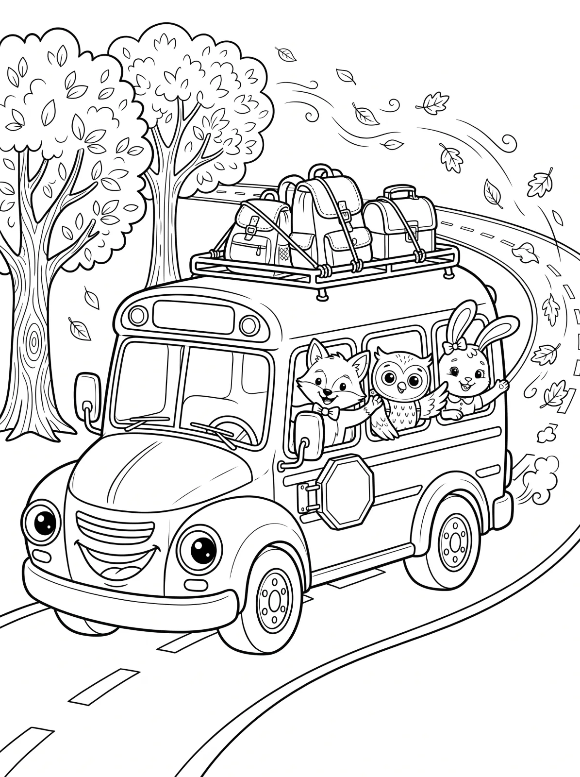 A smiling school bus carries a fox, owl and rabbit along a winding road, with bags on its roof and trees and swirling leaves beside it.