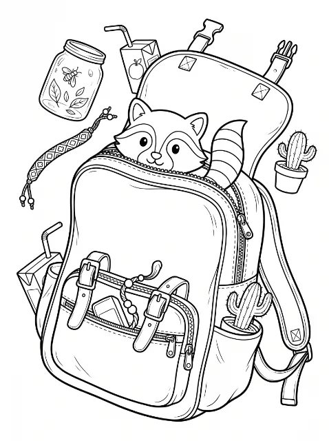 A smiling raccoon peeks out of an open backpack with buckled pockets, surrounded by juice boxes, potted cacti, a bracelet and an insect jar.