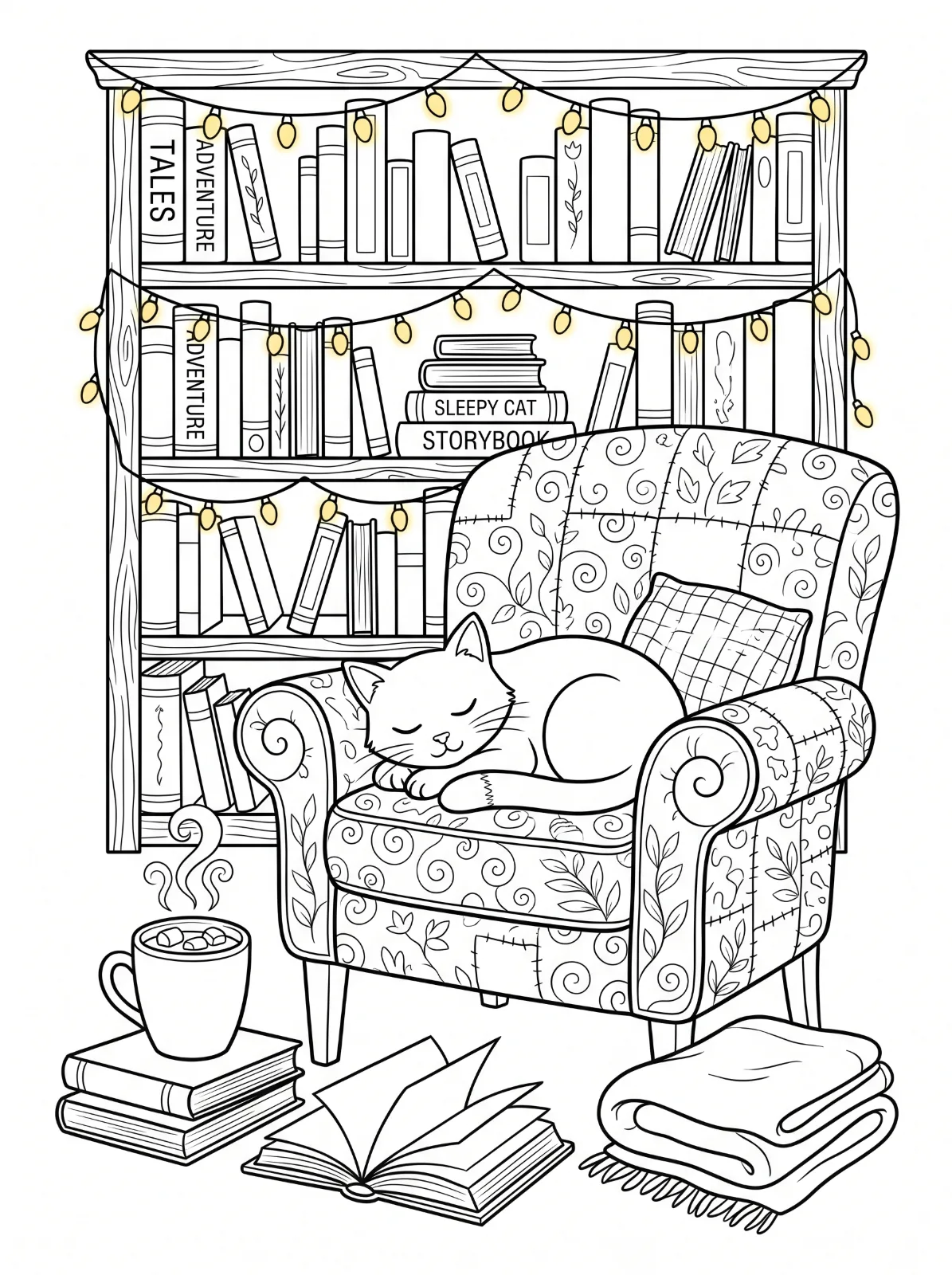 A sleeping cat rests in a patterned armchair before a bookcase with string lights; books, a steaming mug, and a folded blanket sit nearby.