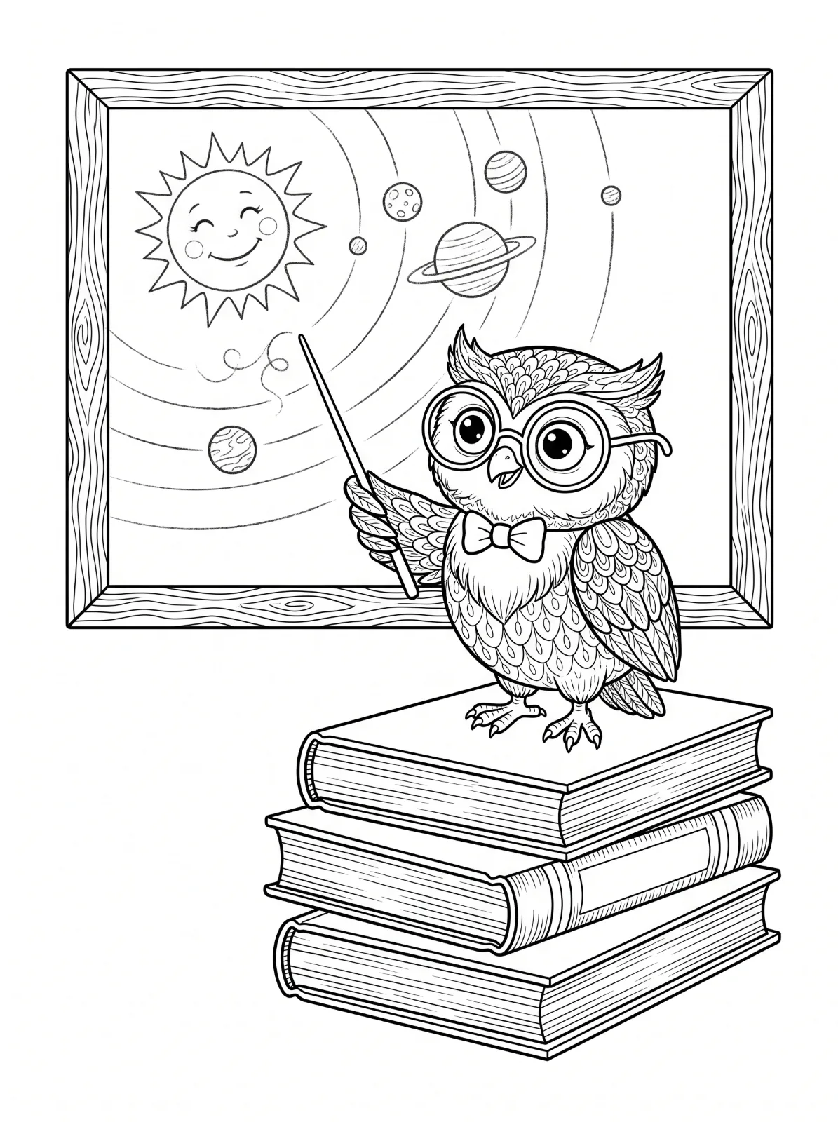 An owl wearing glasses and a bow tie stands on three books, holding a pointer toward a framed board with a smiling sun and planets.
