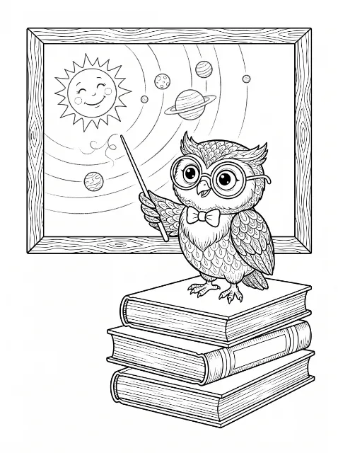 An owl wearing glasses and a bow tie stands on three books, holding a pointer toward a framed board with a smiling sun and planets.