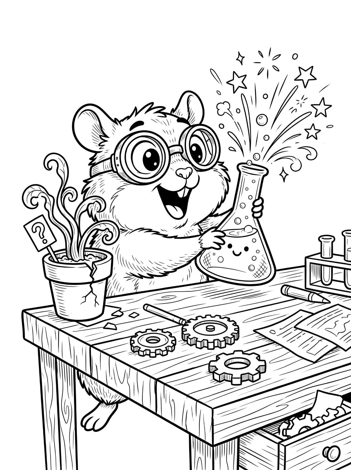 A smiling hamster wearing goggles holds a bubbling flask at a wooden table with gears, papers, test tubes, and a curly plant in a cracked pot.