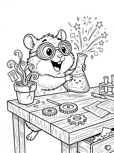 A smiling hamster wearing goggles holds a bubbling flask at a wooden table with gears, papers, test tubes, and a curly plant in a cracked pot.