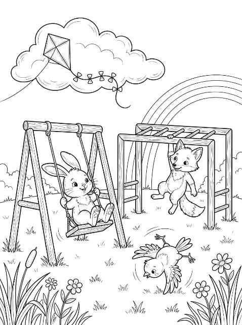 A rabbit rides a swing, a fox hangs from monkey bars, and a bird tumbles over grass, with flowers, a rainbow, and a kite against a cloud.