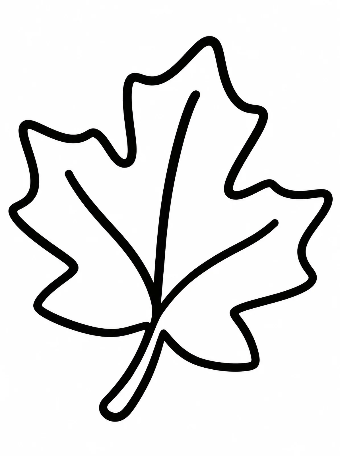 A single large leaf with pointed lobes, a curved stem, and three vein lines is drawn with thick black outlines.