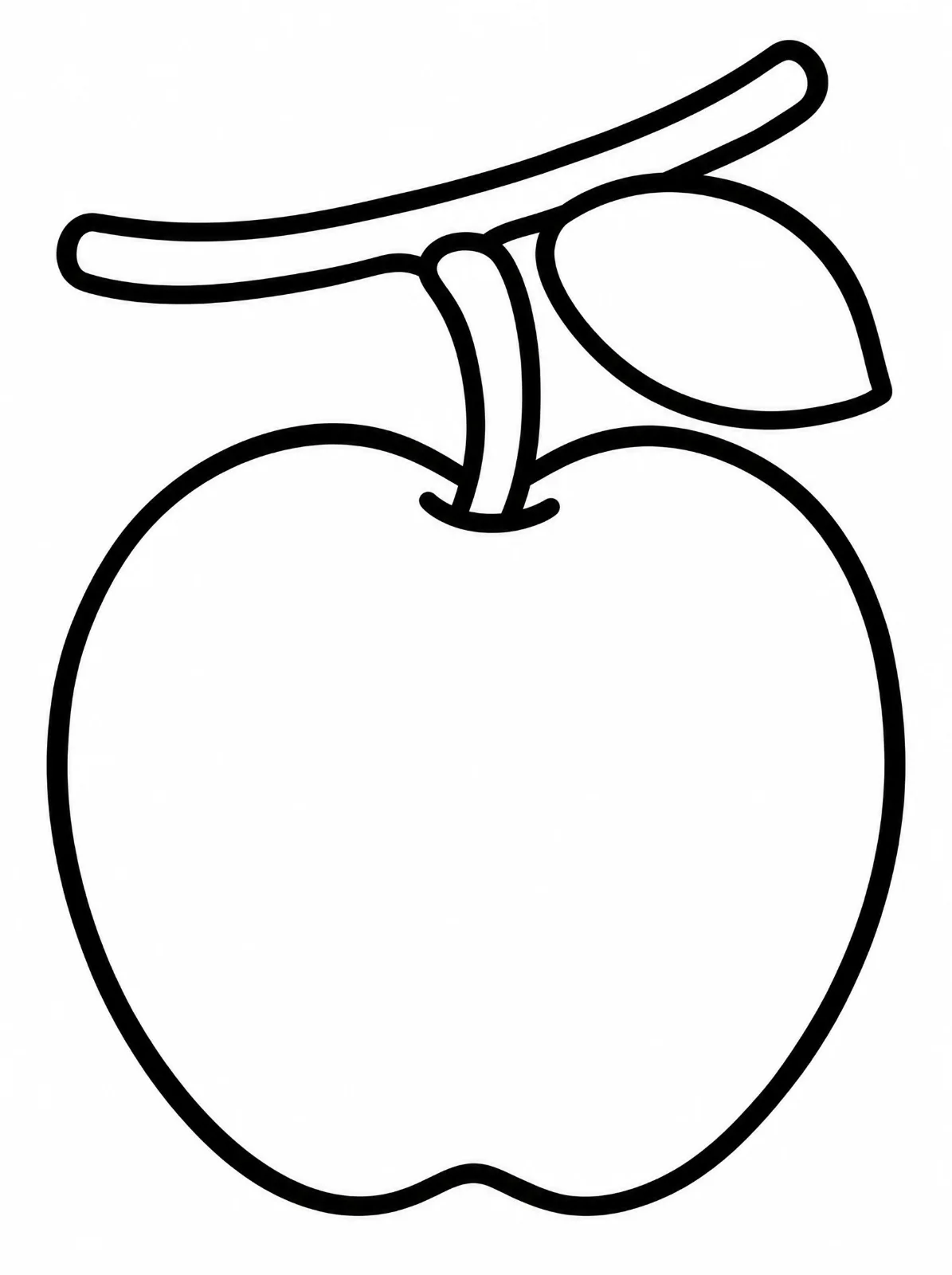 A thick black outline drawing of a large apple hanging by its stem from a curved branch, with one leaf beside it.