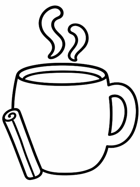 A thick-lined drawing of a large mug with a handle on the right, two curls of steam above it, and a cinnamon stick leaning against its left side.