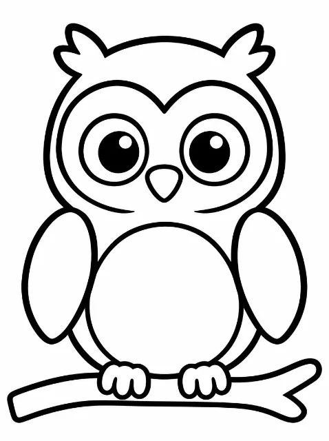 A cartoon owl with large round eyes, feather tufts, a small beak, and oval wings perches on a bare branch, drawn with thick black outlines.