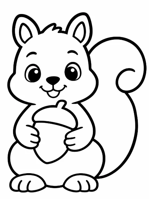 A smiling cartoon squirrel with big eyes and a large curled tail sits holding an acorn in both paws.