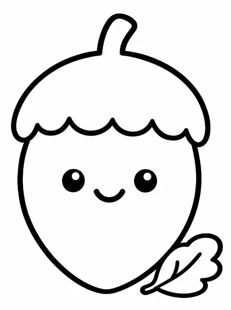 A smiling acorn with round eyes, a scalloped cap, and a short stem sits beside a single lobed leaf, all drawn with thick black outlines.