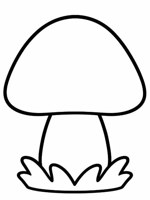 A black-and-white line drawing of a mushroom with a large rounded cap, a wide stem, and pointed grass around its base.