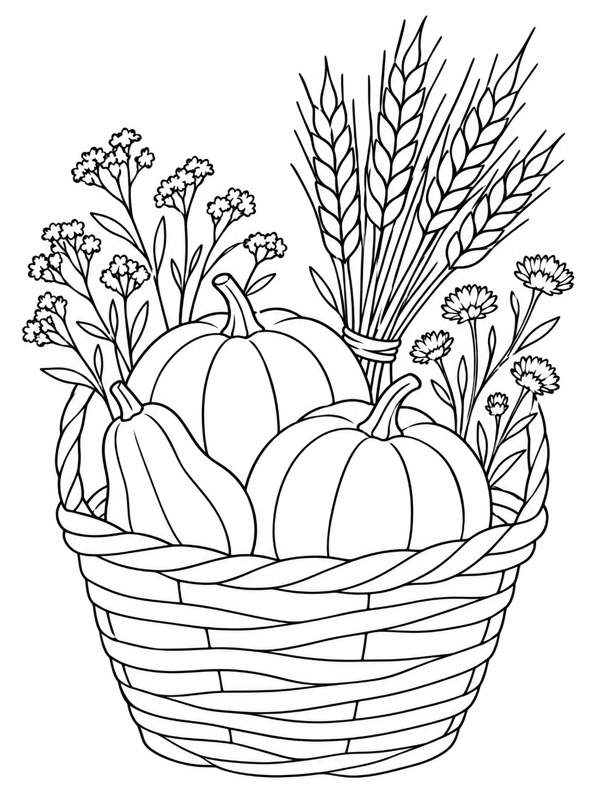 A woven basket holds two pumpkins and a gourd, with a tied bundle of wheat and flowering stems rising behind them.