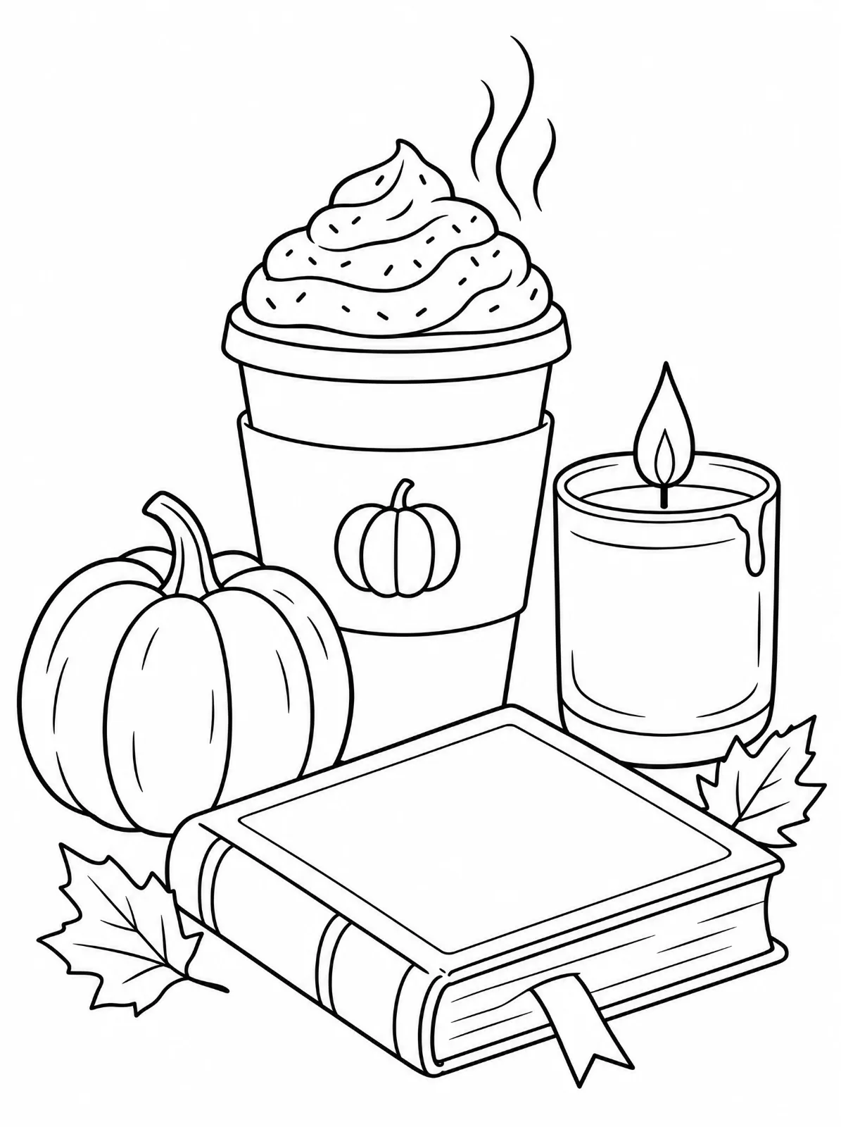 A closed book with a ribbon bookmark sits before a pumpkin, two leaves, a lit candle and a steaming cup topped with cream.