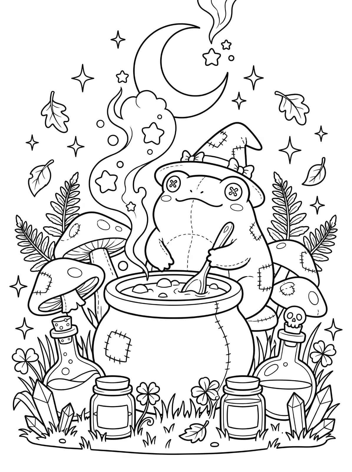 A patchwork frog in a witch hat stirs a cauldron surrounded by mushrooms, bottles, jars, crystals and plants beneath a crescent moon and stars.