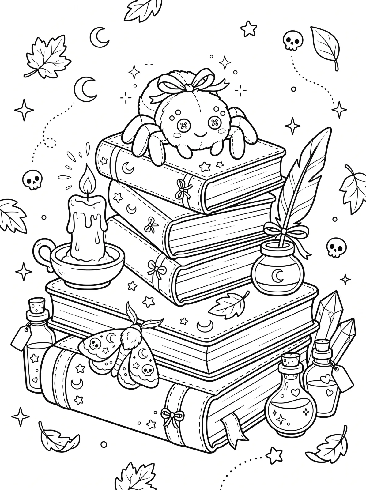A bow-wearing spider sits on stacked books beside a candle, quill, moth, bottles, and crystals, surrounded by leaves, moons, stars, and skulls.
