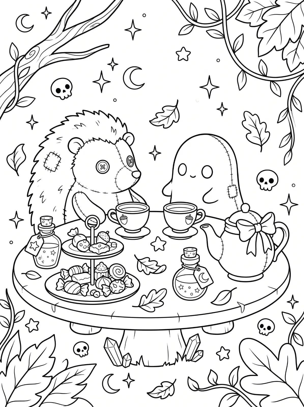 A stitched hedgehog and ghost share tea and sweets at a round table, surrounded by leaves, vines, stars, crescent moons, skulls, and crystals.