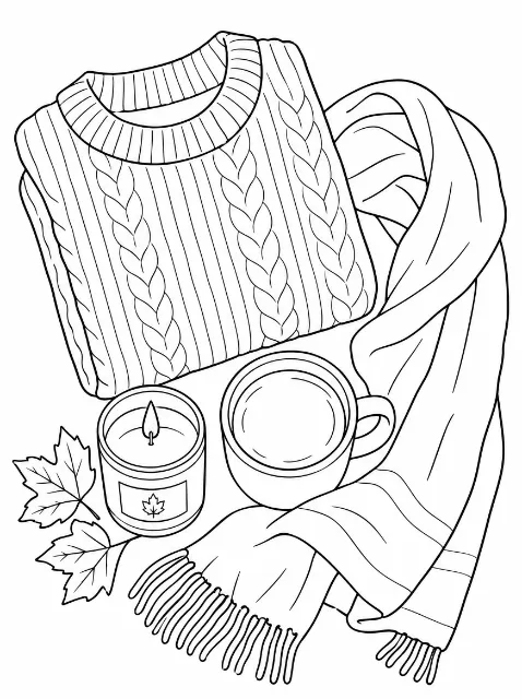 A folded cable-knit sweater, draped fringed scarf, handled mug, lit jar candle with a leaf label, and two leaves.