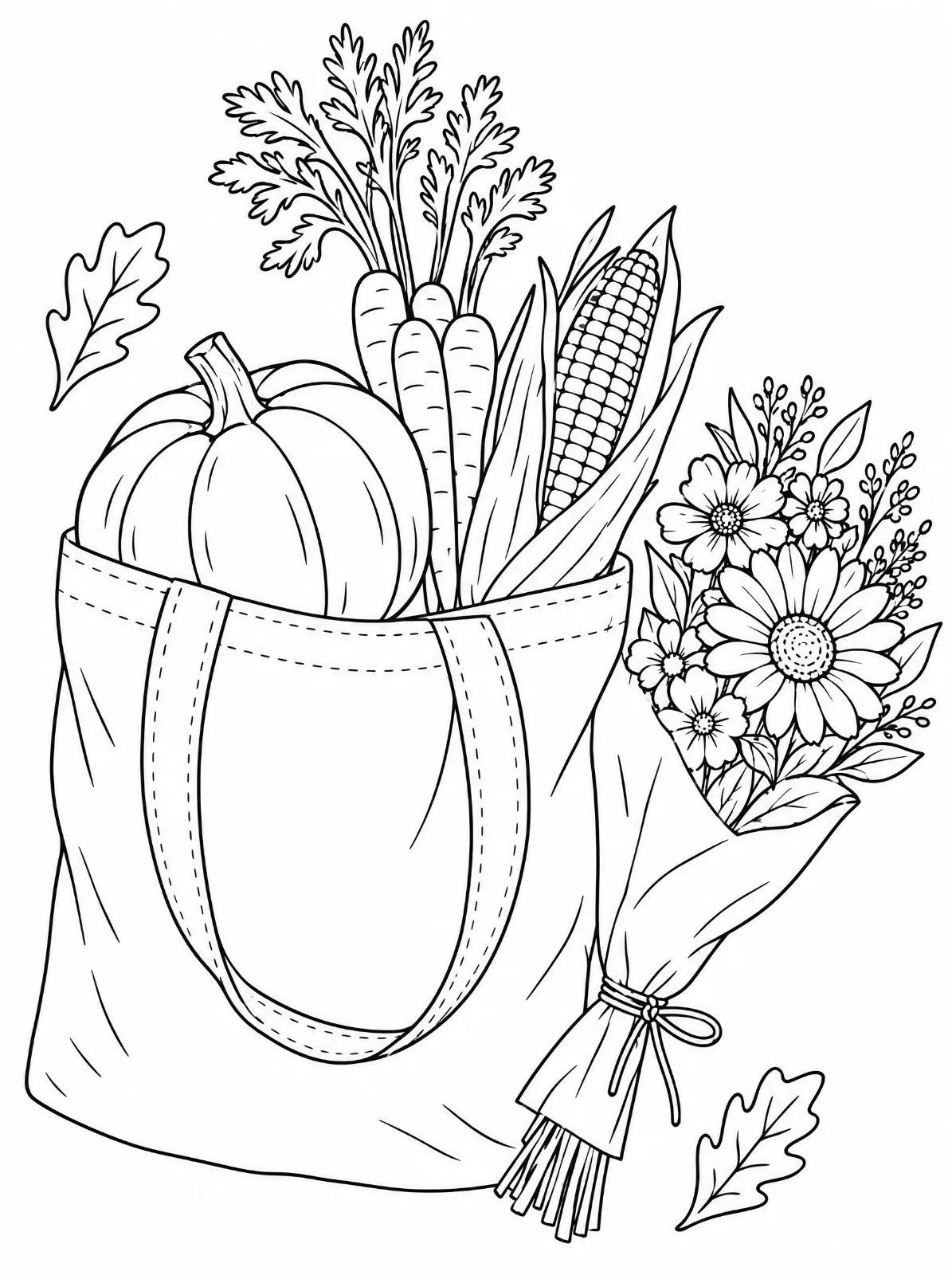 A tote holds a pumpkin, carrots and an ear of corn beside a wrapped flower bouquet tied with a bow, with two loose leaves nearby.
