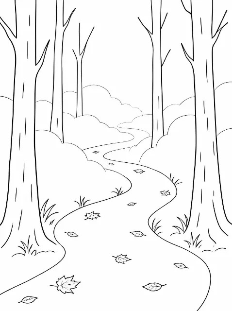 A winding path dotted with fallen leaves runs between tall bare trees, rounded undergrowth, and small tufts of grass.
