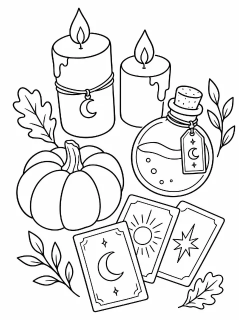 Two lit candles, a pumpkin, a corked bottle with a moon tag, and three celestial cards are arranged among leaves and sprigs.