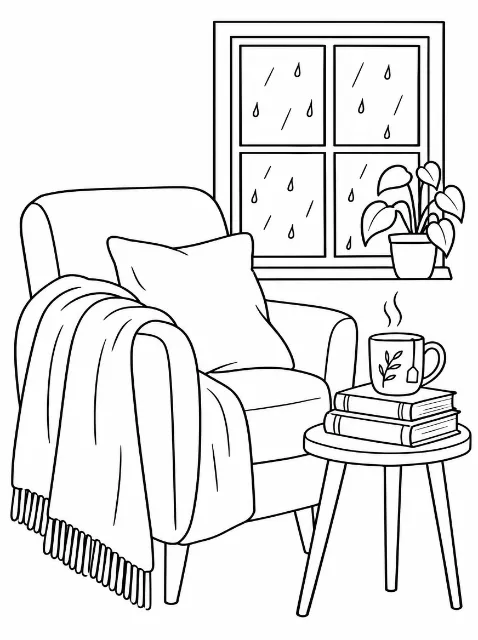 An armchair with a pillow and fringed blanket sits by a rainy window and potted plant, beside a round table holding books and steaming tea.