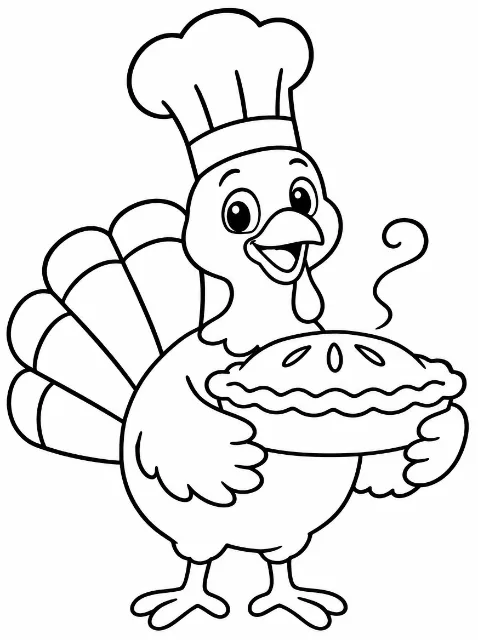 A smiling cartoon turkey wearing a tall chef’s hat holds a steaming pie, with fan-shaped tail feathers behind its body.