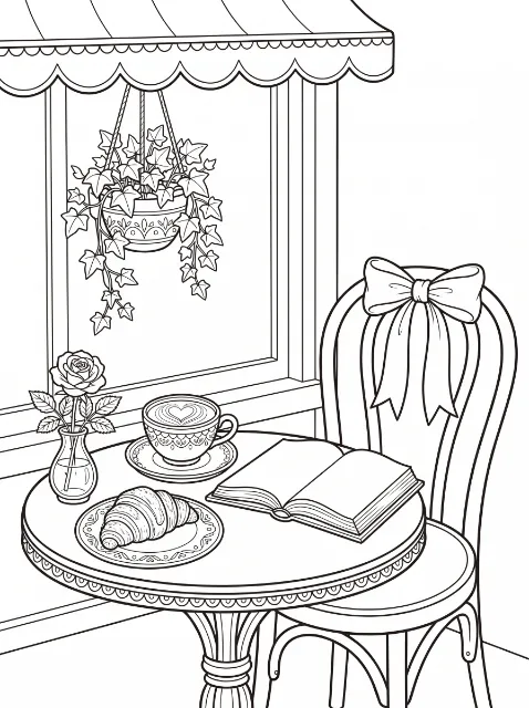 An open book, croissant, cup with a heart design, and rose sit on a round table beside a bow-backed chair and a window with hanging ivy.
