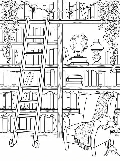 Book-filled shelves with ivy, bows, a ladder, globe, and lamp stand behind an armchair draped with a blanket and a small table with a teacup.