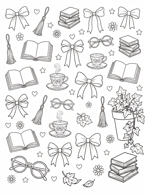 Scattered open books, book stacks, bows, floral teacups, glasses and tassels surround potted ivy, with small hearts, stars, flowers and leaves.