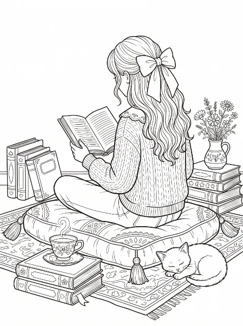 A long-haired reader sits on a tasseled cushion among books, with a steaming cup, flowers in a pitcher, and a sleeping cat on a patterned rug.