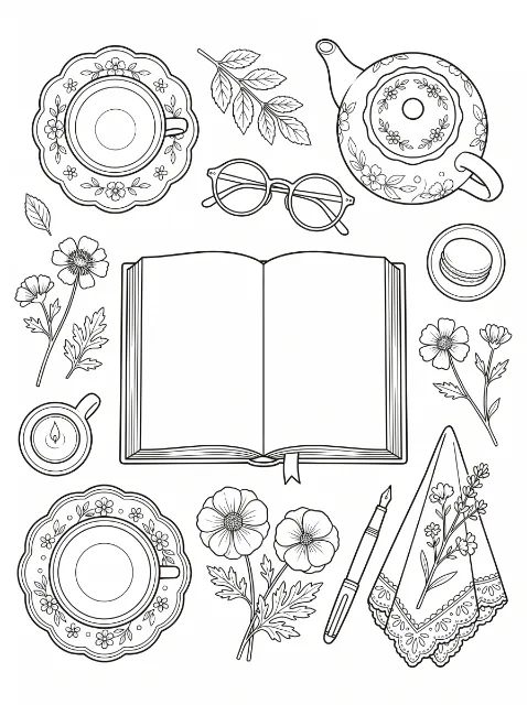 An open book surrounded by floral teacups, a teapot, glasses, flowers, leaves, a candle, a macaron, a fountain pen and a folded cloth.