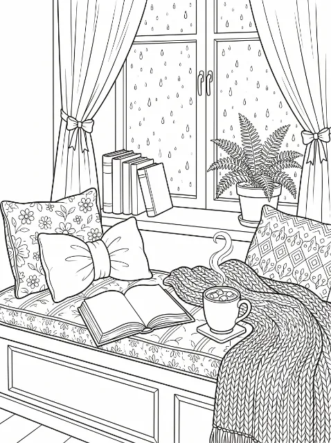 A rainy window seat holds an open book, patterned pillows, a knitted blanket and a steaming mug, with books and a fern on the sill.