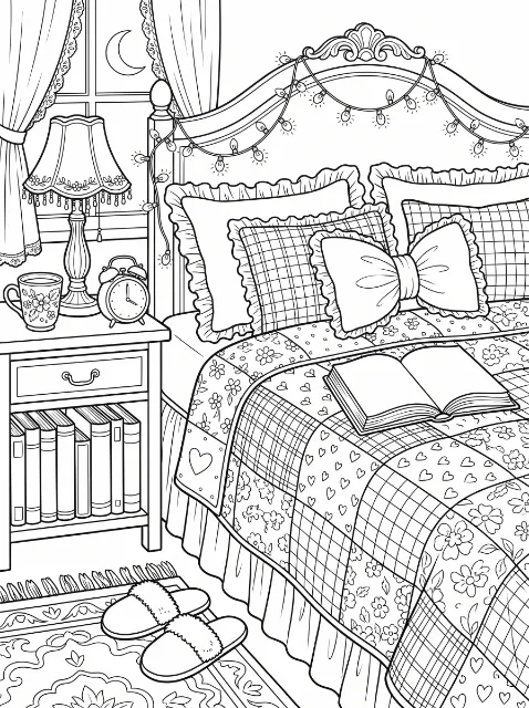 An open book rests on a patchwork bed with ruffled pillows and string lights, beside a nightstand with a lamp, mug, clock and books.