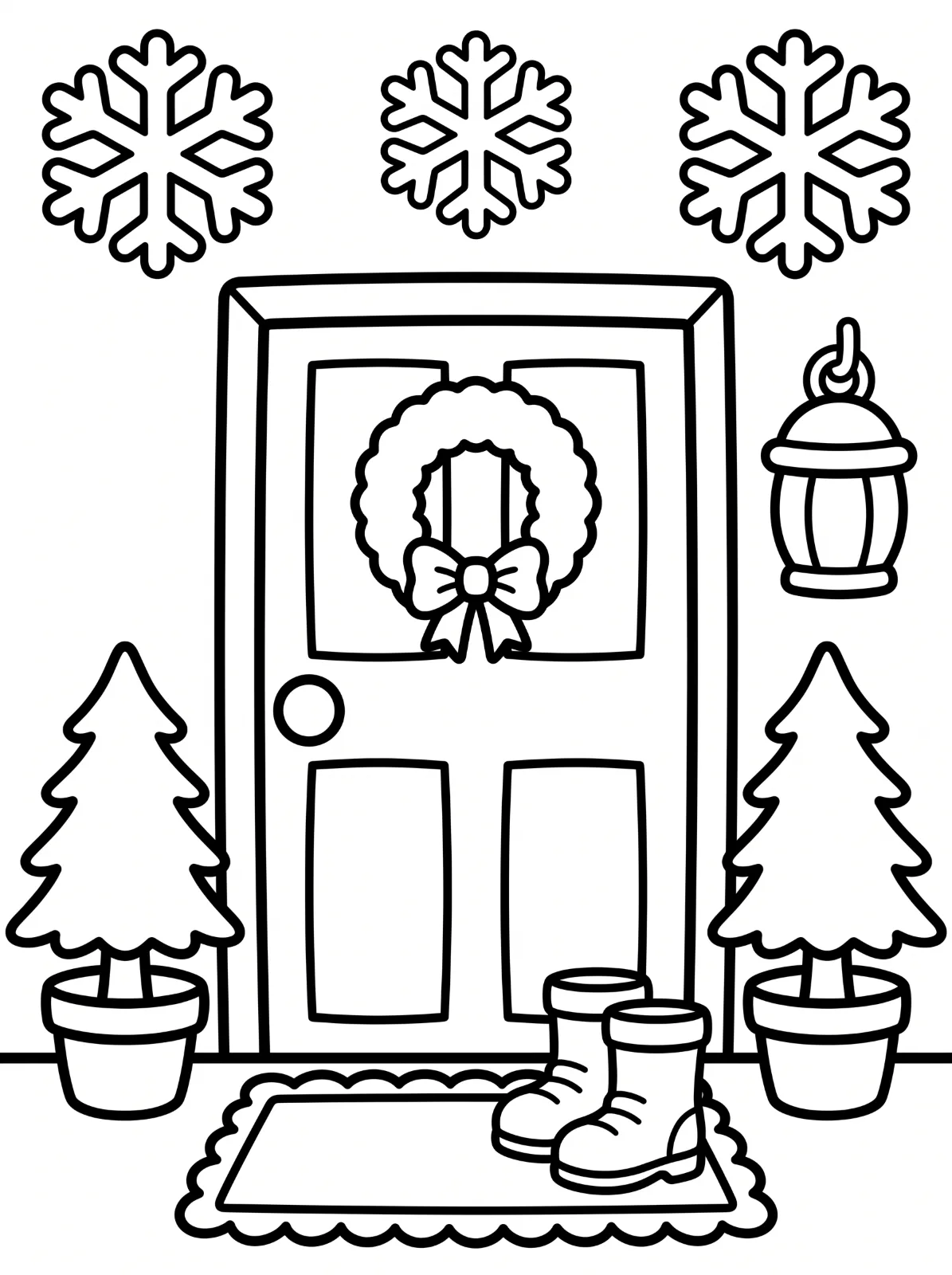 A front door with a wreath and bow, flanked by two potted evergreens, with three snowflakes above, a lantern beside it, and boots on a doormat.
