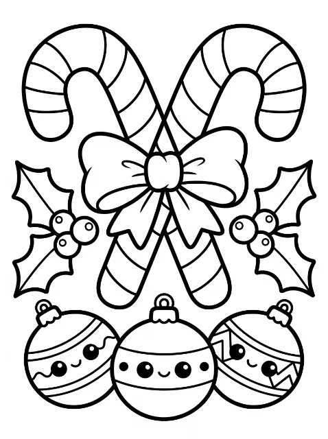 Two crossed striped candy canes with a large bow, flanked by holly leaves and berries, above three smiling patterned ornaments.