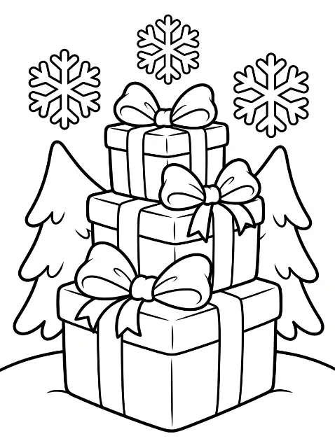 Three stacked gift boxes with ribbons and bows stand between two evergreen trees, with three large snowflakes overhead.