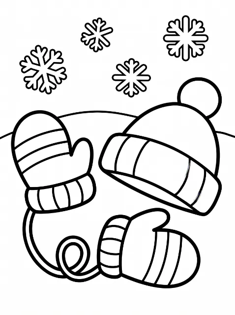 A pom-pom winter hat and two striped mittens connected by a looping cord sit beneath four large snowflakes.