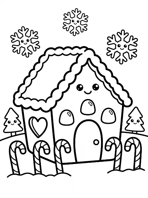 A smiling gingerbread house with icing trim, a heart decoration and sweets is surrounded by five candy canes, two trees and three smiling snowflakes.