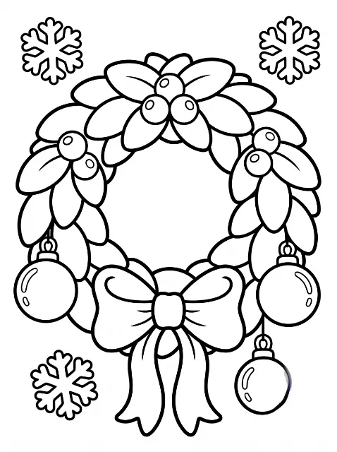 A leafy wreath with berry clusters, a large bow with long tails, and three hanging round ornaments is surrounded by three snowflakes.