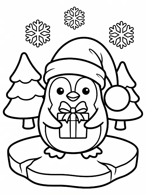 A cartoon penguin wearing a Santa hat holds a wrapped gift on a cracked ice floe, with two evergreen trees and three snowflakes behind it.