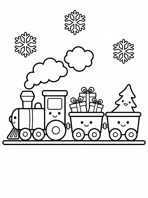 A smiling steam train pulls two wagons carrying three wrapped gifts and a smiling Christmas tree, with three snowflakes overhead.
