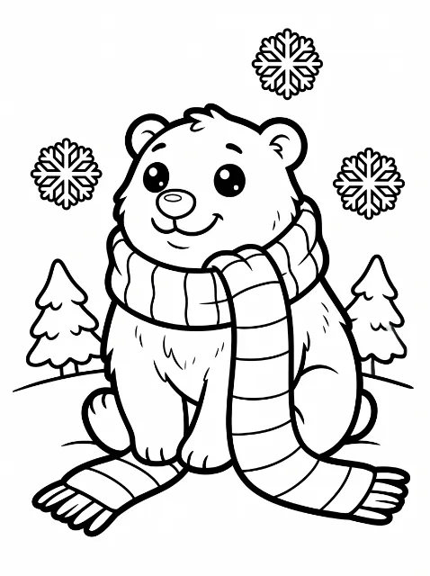 A smiling bear sits in a long striped scarf with fringed ends, surrounded by three snowflakes and two fir trees on snowy ground.