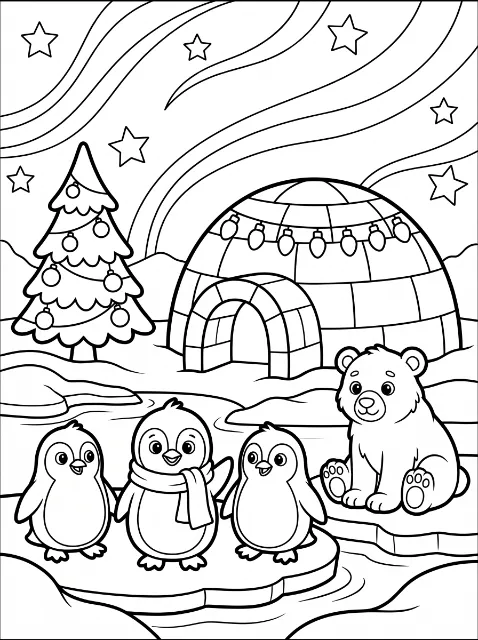 Three penguins and a seated bear on ice near an igloo strung with lights, a decorated Christmas tree, and stars beneath sweeping sky bands.